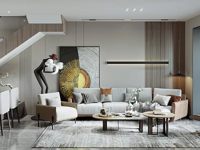 Modern Living and Dining Room Interior With Sofa Coffee Table Dining Chairs And Abstract Artwork 3d model
