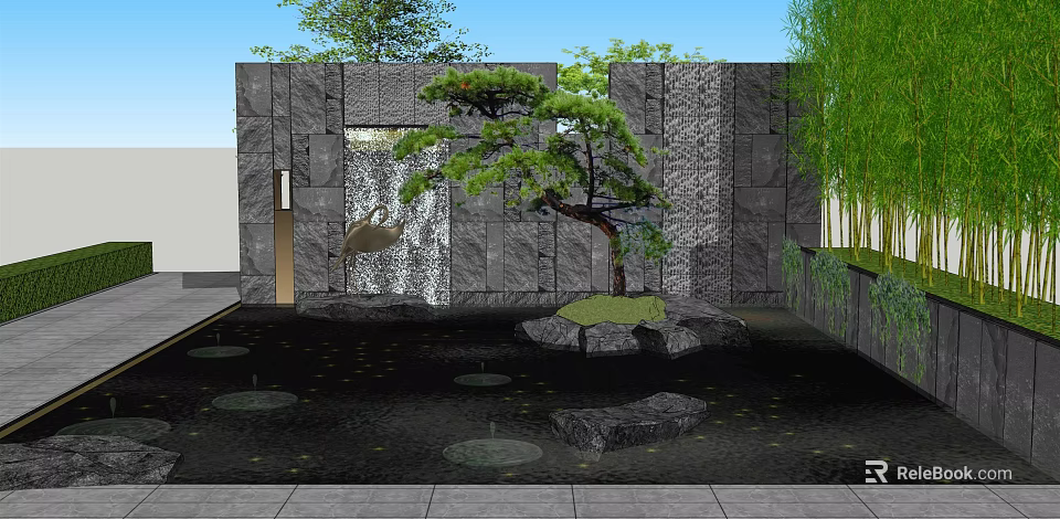 Natural Stone Feature Wall Design With Waterfall Pine Tree And Pond 3d model