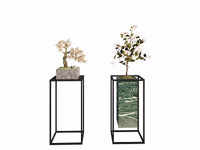 Bonsai Trees On Black Metal Stands With Woven And Green Marble Pots White Pink Flowers 3d model