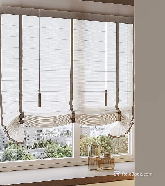 White Roman Blinds With Gray Accent Strips And Pleated Bottom For Window Decor 3d model 