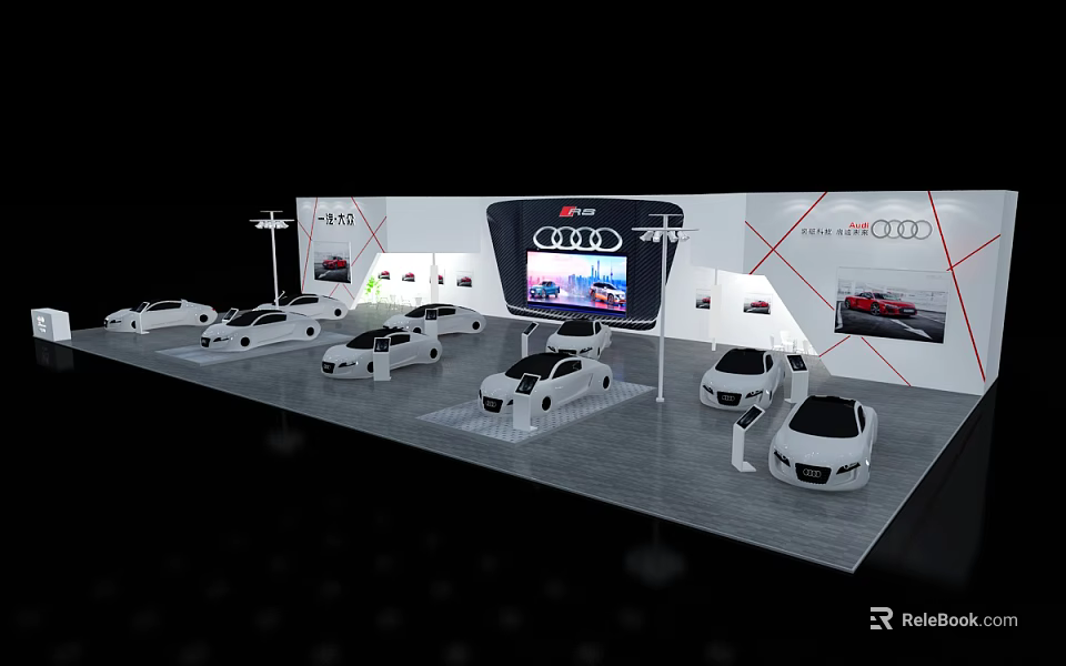 Audi Exhibition Booth With Multiple White Cars And Large Screen 3d model 