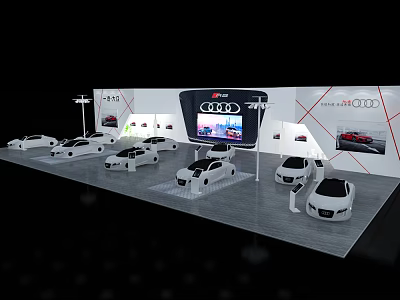 Audi Exhibition Booth With Multiple White Cars And Large Screen 3d model
