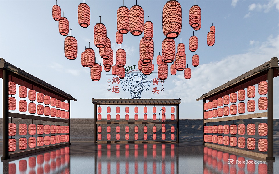 Red Lantern Decorative Lights Hanging Between Traditional Buildings With Ground Reflection 3d model 
