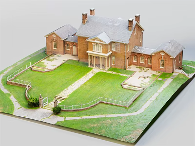 Elegant Red Brick Detached Villa Featuring Grey Roof Chimneys Green Lawn Pathway And Fence 3d model
