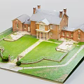 Elegant Red Brick Detached Villa Featuring Grey Roof Chimneys Green Lawn Pathway And Fence
