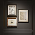 Three Abstract Paintings Hung On Dark Wall With Various Frames And Artistic Styles 3d model