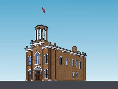 Brick Office Building Featuring Bell Tower Arched Windows And Flag On Top 3d model
