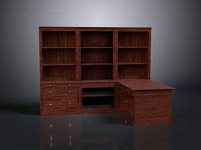 Dark Brown Wooden Bookcase And Desk Combination Furniture With Open Shelves And Drawers 3d model