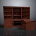 Dark Brown Wooden Bookcase And Desk Combination Furniture With Open Shelves And Drawers