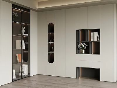 Modern Bookcase With Glass Doors White Black Shelves Books And Green Plants 3d model