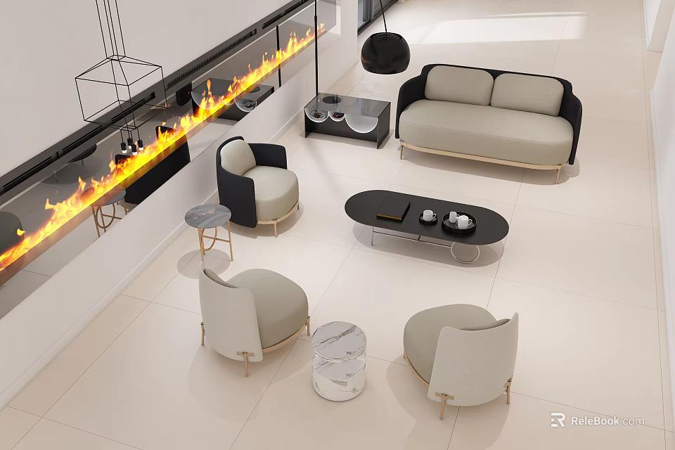 Modern Neutral Tone Living Room With Linear Recessed Fireplace And Comfortable Soft Sofa Armchairs 3d model 