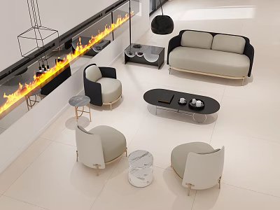 Modern Neutral Tone Living Room With Linear Recessed Fireplace And Comfortable Soft Sofa Armchairs 3d model