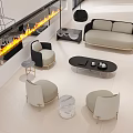 Modern Neutral Tone Living Room With Linear Recessed Fireplace And Comfortable Soft Sofa Armchairs