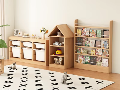 Wooden Storage Cabinets Including House Shaped Design And Open Shelves 3d model