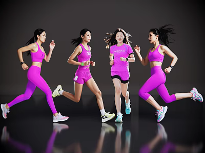Four Women Running in Pink Sportswear Against Dark Background With Reflective Floor 3d model