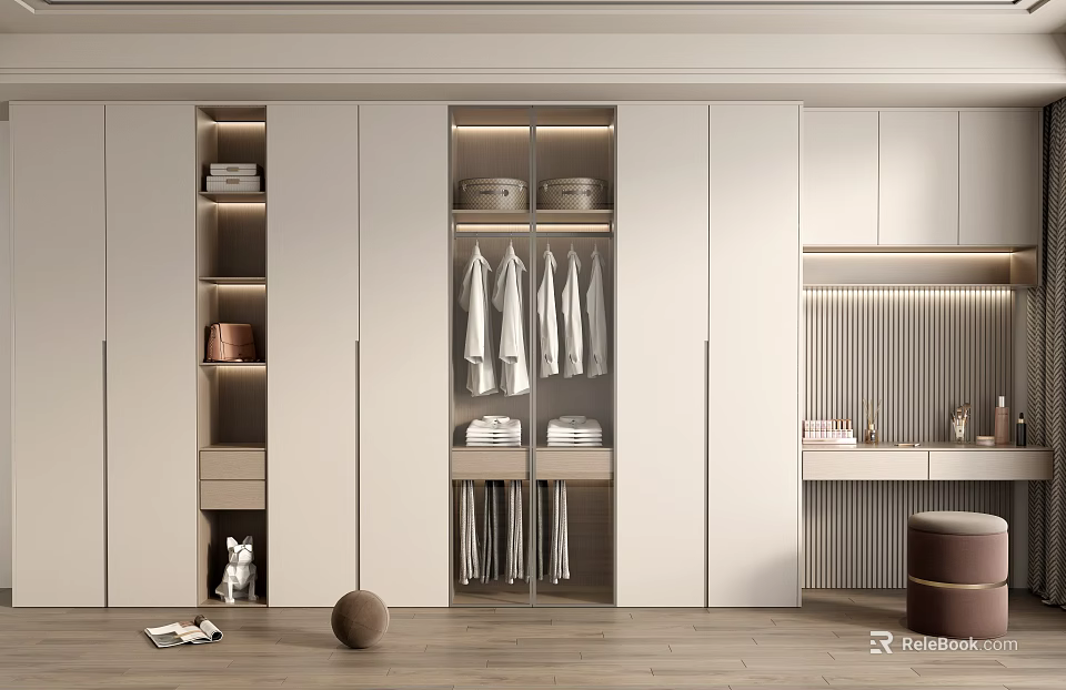 Modern Wardrobe Interior Design With Hanging Folded Clothes And Storage Compartments 3d model 