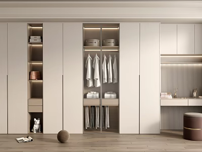 Modern Wardrobe Interior Design With Hanging Folded Clothes And Storage Compartments 3d model