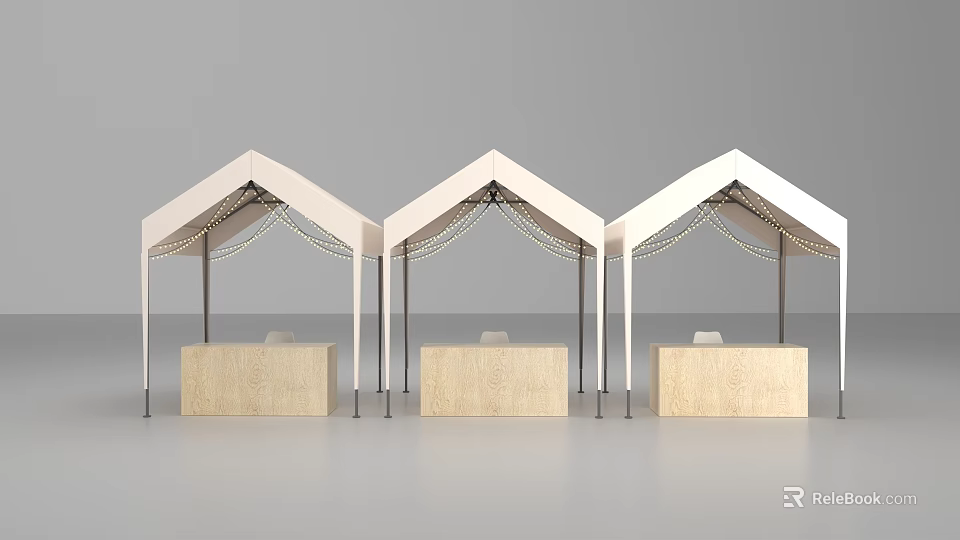 Three Modern Simple Tents with Wooden Counters and Decorative Light Strings 3d model 