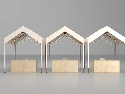 Three Modern Simple Tents with Wooden Counters and Decorative Light Strings 3d model