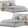 Modern Double Bed with Gray and Beige Upholstery Multiple Pillows and Wooden Bedside Table