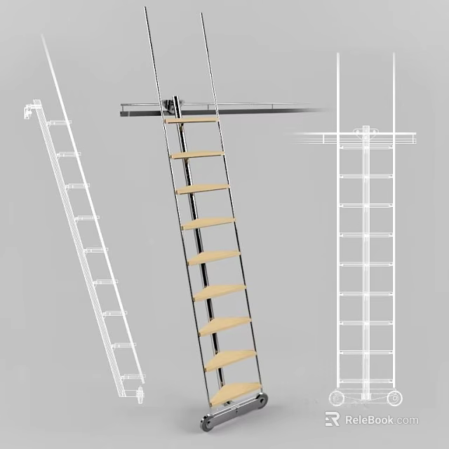 Modern Staircase Design with Wooden Steps and Ladder Frame Structure Diagram 3d model 
