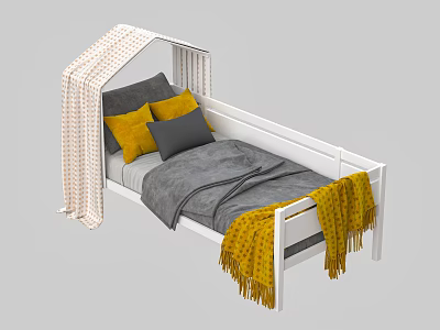 White Frame Kids Bed With Gray Bedspread Yellow Gray Pillows And Fringed Blanket Canopy 3d model
