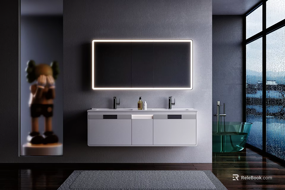 Modern Bathroom Vanity With Double Sink Backlit Mirror Faucets Green Bathtub And Gray Wall 3d model 