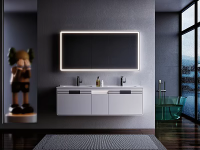 Modern Bathroom Vanity With Double Sink Backlit Mirror Faucets Green Bathtub And Gray Wall 3d model