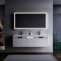Modern Bathroom Vanity With Double Sink Backlit Mirror Faucets Green Bathtub And Gray Wall