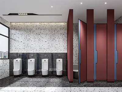 Modern Hotel Bathroom with White Urinals Red Partitions Speckled Walls Window and Dark Flooring 3d model