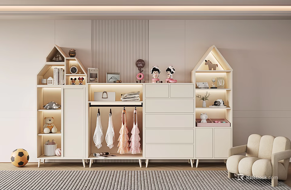 Cute Kids Room Entryway Cabinet With House Shaped Side Cabinet And Hanging Clothes Storage 3d model 