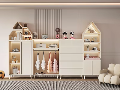 Cute Kids Room Entryway Cabinet With House Shaped Side Cabinet And Hanging Clothes Storage 3d model