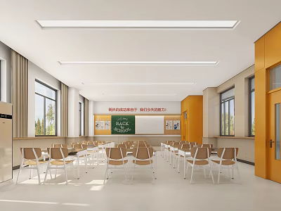 Modern Classroom Desks Arranged Neatly With Chairs And Natural Light From Windows 3d model