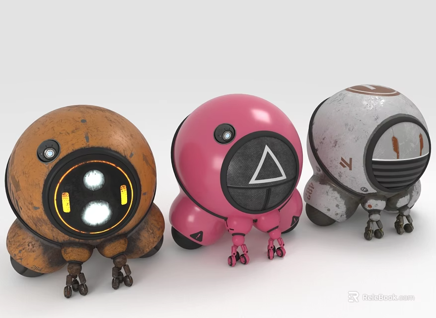 Brown Pink And Gray Spherical Robot Creature Characters With Large Eyes And Leg Structures 3d model 
