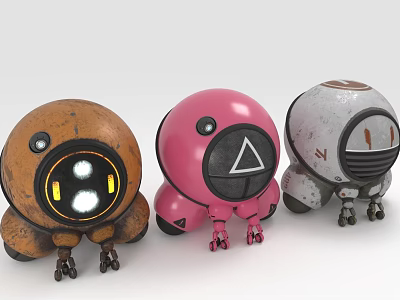 Brown Pink And Gray Spherical Robot Creature Characters With Large Eyes And Leg Structures 3d model