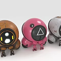 Brown Pink And Gray Spherical Robot Creature Characters With Large Eyes And Leg Structures 3d model