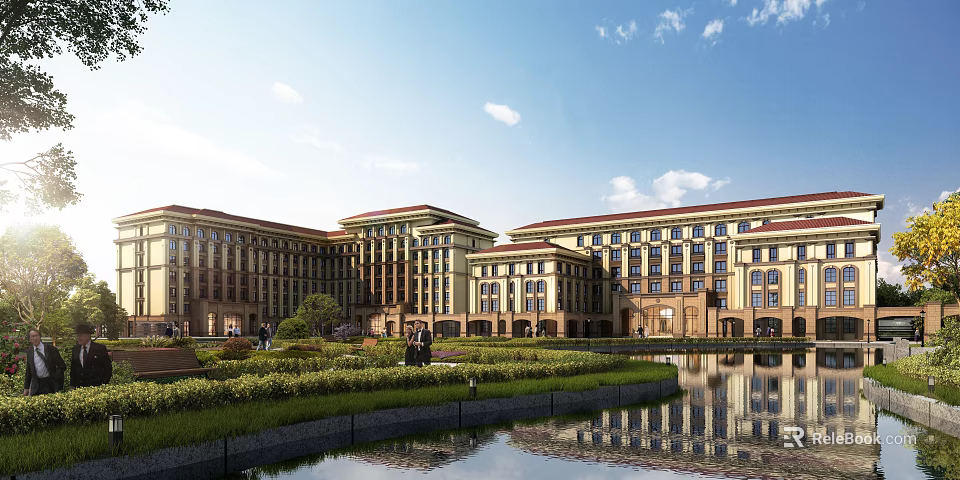 Classical European Hotel Building With Red Roof Symmetrical Design And Front Pond Garden 3d model 