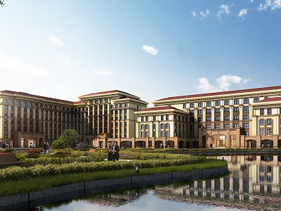 Classical European Hotel Building With Red Roof Symmetrical Design And Front Pond Garden 3d model