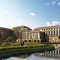 Classical European Hotel Building With Red Roof Symmetrical Design And Front Pond Garden