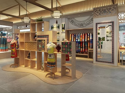 Ethnic Cultural Display Interior With Wooden Shelves Traditional Costumes Colorful Fabrics And Decorative Walls 3d model