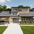 Detached House Exterior With Solar Panel Roof Green Lawn Spacious Outdoor Yard And Driveway