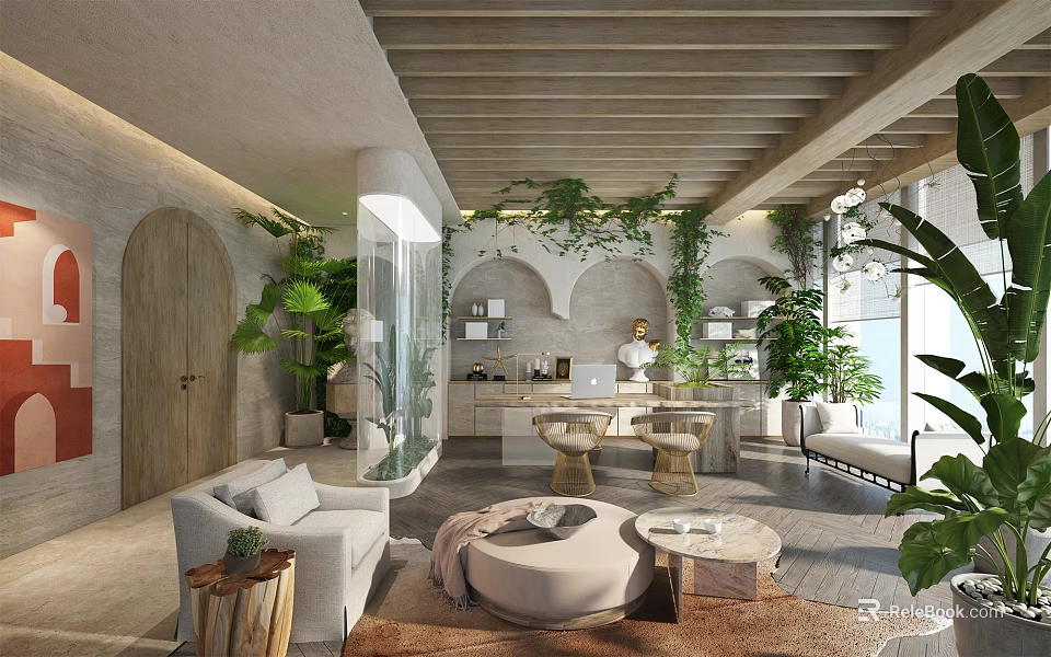 Modern Office Interior Design With Wooden Ceiling Green Plants And Comfortable Sofa 3d model 
