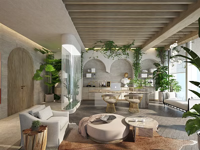 Modern Office Interior Design With Wooden Ceiling Green Plants And Comfortable Sofa 3d model