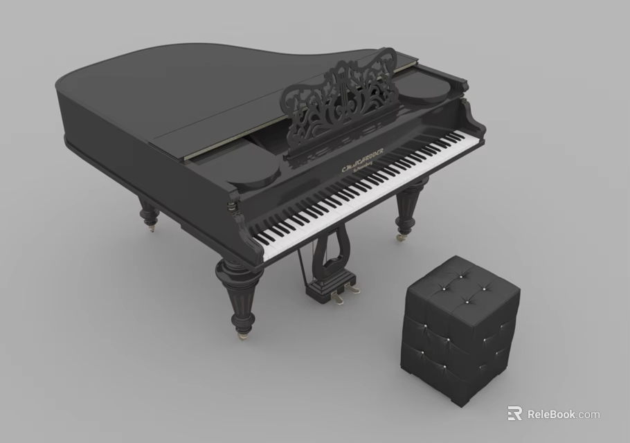 Elegant Black Grand Piano With Intricate Carved Design And Matching Padded Stool 3d model 