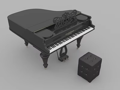 Elegant Black Grand Piano With Intricate Carved Design And Matching Padded Stool 3d model