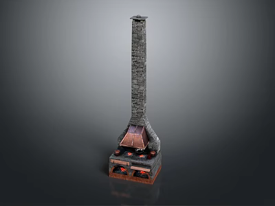 Traditional Stone Fireplace Structure With Tall Chimney And Burning Flames 3d model