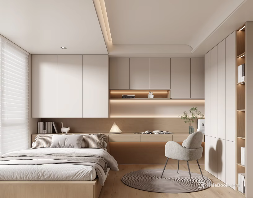 Modern Tatami Bedroom With Built In Cabinets Bookshelf Desk Chair And Plant 3d model 