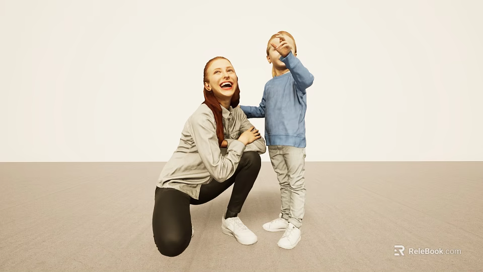 Mother And Child Smiling As Child Points Up In Bright Indoor Room With Light Floor 3d model 