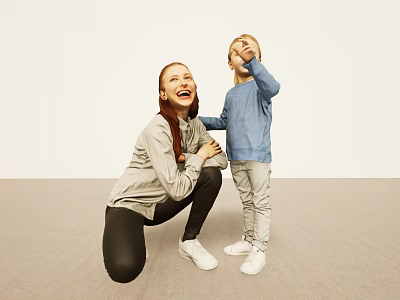 Mother And Child Smiling As Child Points Up In Bright Indoor Room With Light Floor 3d model