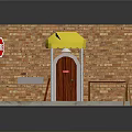 Street Storefront Scene With Brick Wall Yellow Awning Red Door Stop Sign And Table